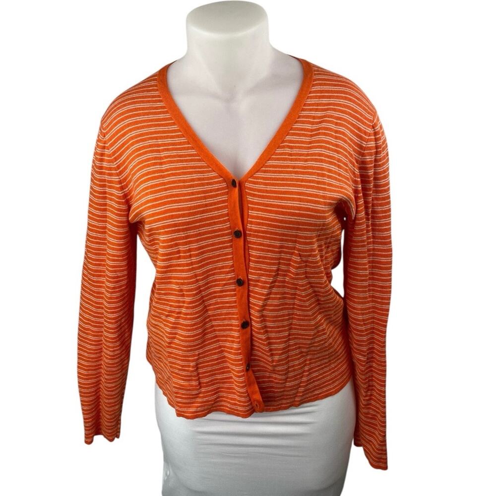 J.Crew Coral White Striped Wool Long Sleeve Button Down Cardigan Sweater Top XL